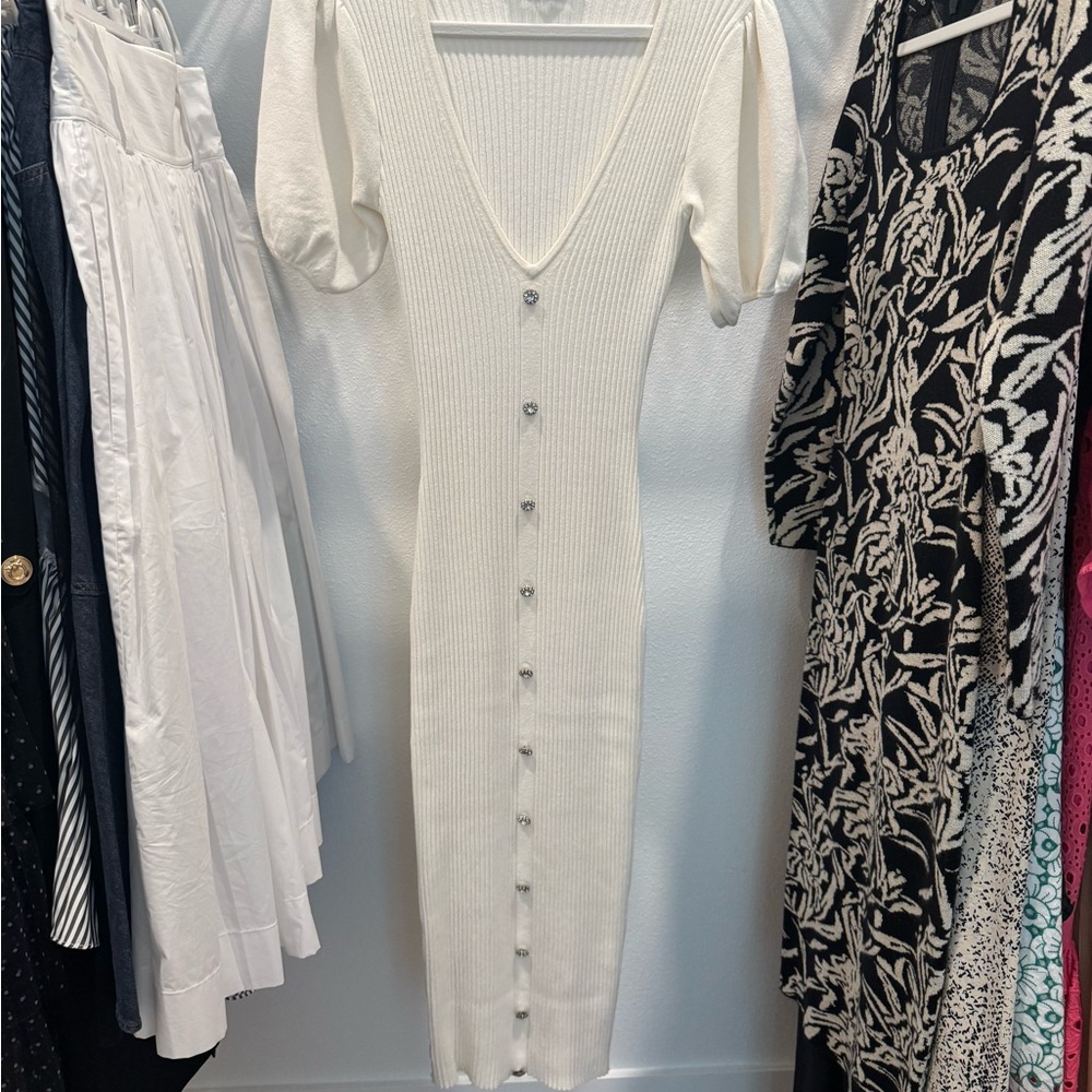 bebe Cream Ribbed Button-Down Midi Dress